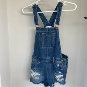 Forever 21 overall shorts, medium wash distressed